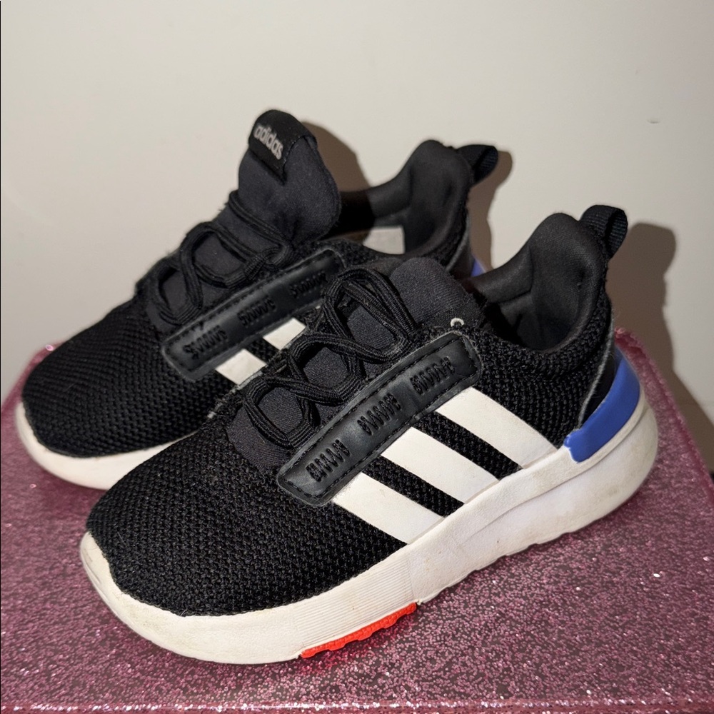 adidas Kids Black Sneakers with White Stripes and Blue Heel Accent
